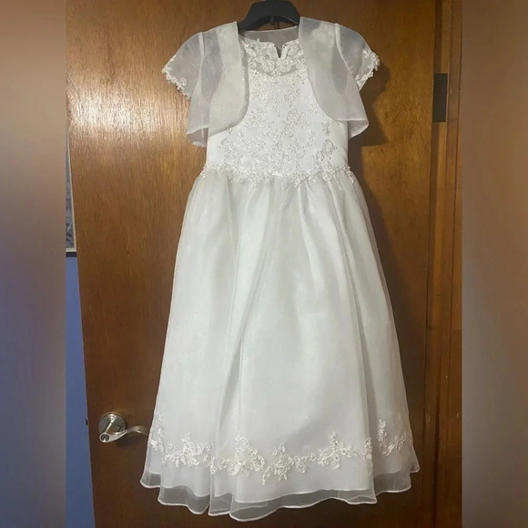 J.J.Anjorden Girls Dress White Embroidered w/Beads With Cap Sleeve Cover Size 8X - Picture 6 of 15